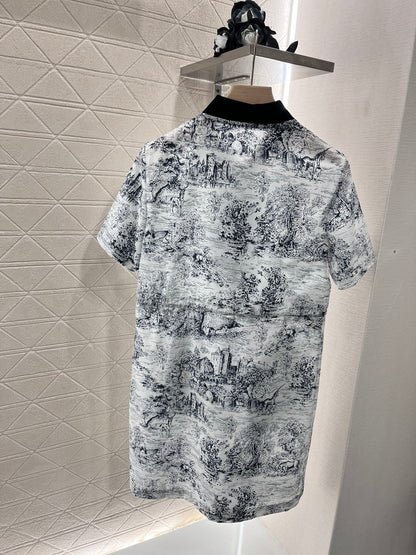 Printed silk wool short-sleeved dress