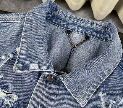 New cloud cutout distressed denim jacket