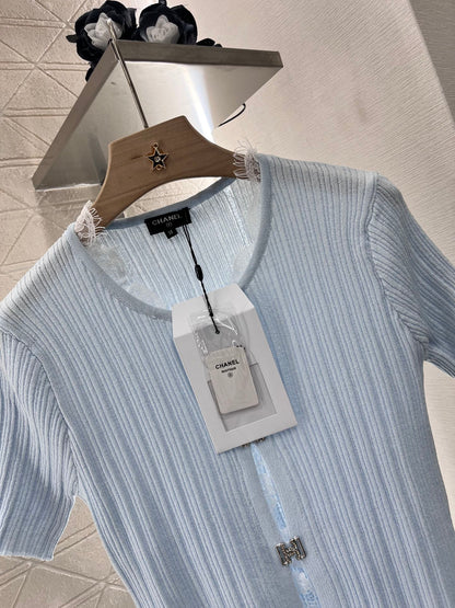 25SS New Lace Trim Knitted Short Sleeve Cardigan