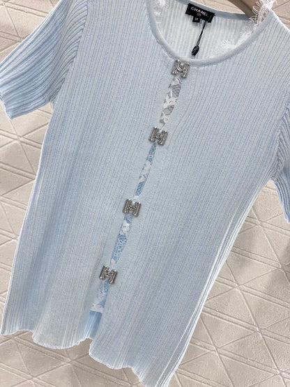25SS New Lace Trim Knitted Short Sleeve Cardigan