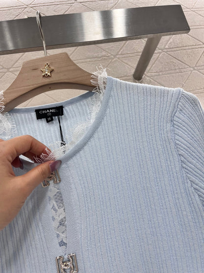 25SS New Lace Trim Knitted Short Sleeve Cardigan