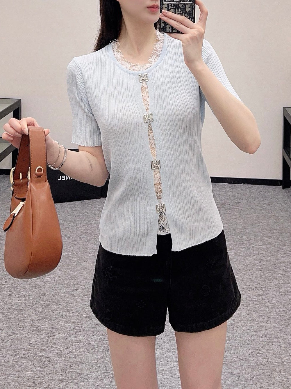 25SS New Lace Trim Knitted Short Sleeve Cardigan