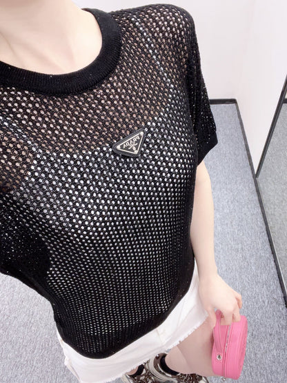 25SS New Round Neck Hollow Short Sleeve Wool Material
