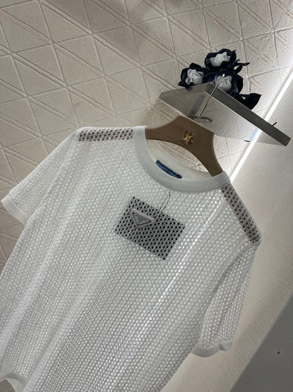 25SS New Round Neck Hollow Short Sleeve Wool Material
