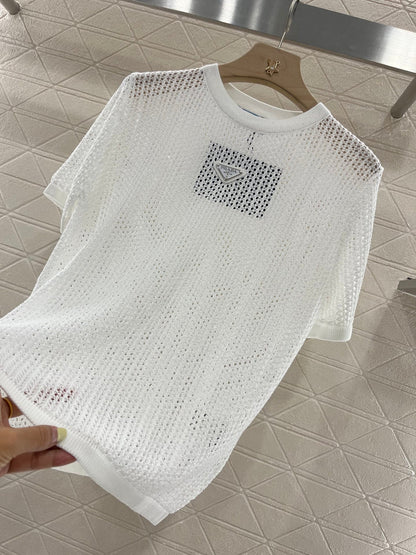 25SS New Round Neck Hollow Short Sleeve Wool Material