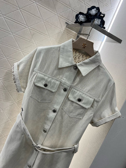25SS 2025SS New Short Sleeve Printed Belt Denim Skirt