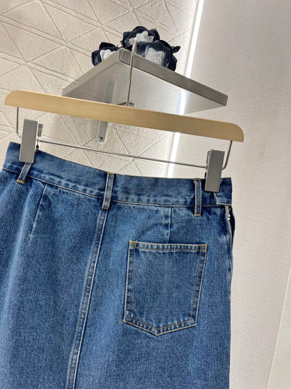 25ss leather label pleated fashionable denim skirt