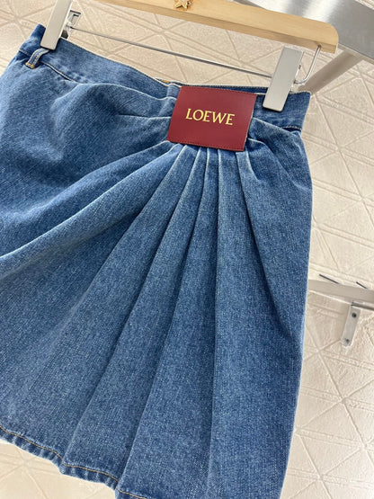 25ss leather label pleated fashionable denim skirt