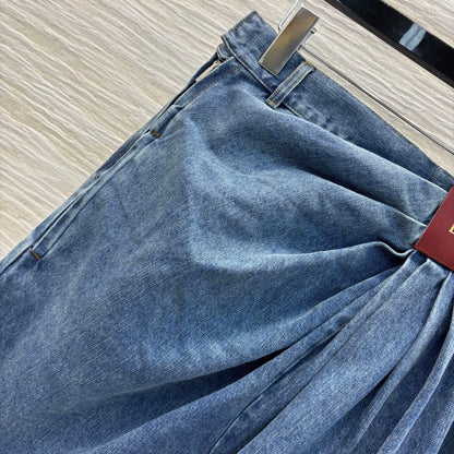 25ss wide-leg denim trousers with crinkled logo and leather trim