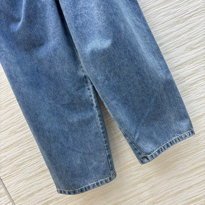 25ss wide-leg denim trousers with crinkled logo and leather trim