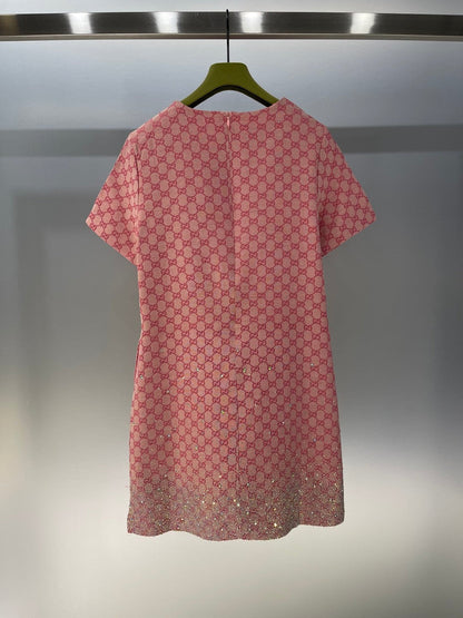 Sparkling luxury crystal diamond GG monogram jacquard short-sleeved dress