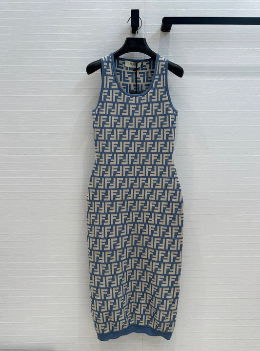 25 New blue double f jacquard slim vest long skirt