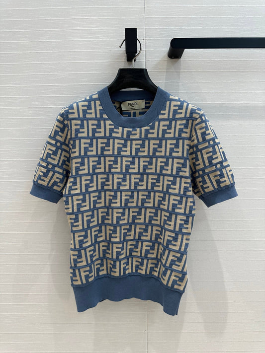 25 New blue double f jacquard slim short sleeve