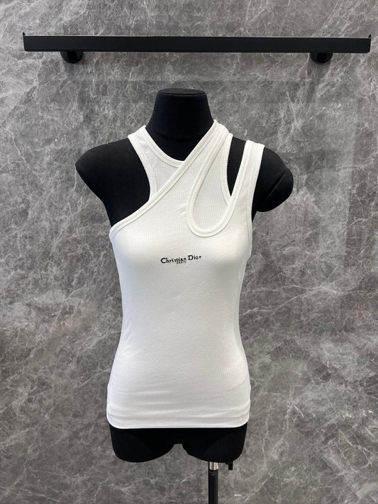 25ss Monogrammed Embroidered Cotton Ribbed False Two Piece Asymmetric Tank Top