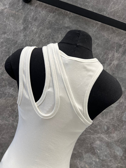 25ss Monogrammed Embroidered Cotton Ribbed False Two Piece Asymmetric Tank Top