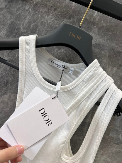 25ss Monogrammed Embroidered Cotton Ribbed False Two Piece Asymmetric Tank Top