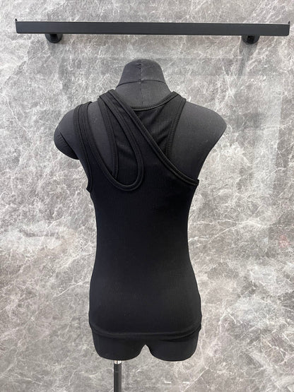 25ss Monogrammed Embroidered Cotton Ribbed False Two Piece Asymmetric Tank Top