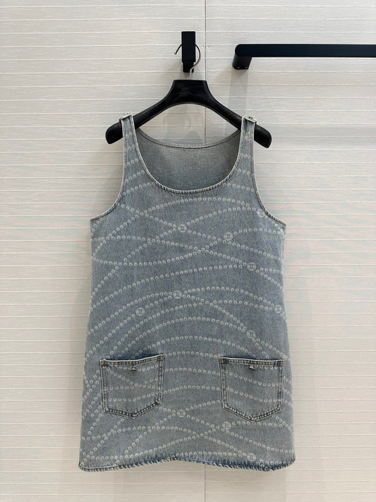 25ss Chain Print Vintage Washed Blue Denim Vest Dress