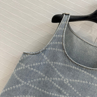 25ss Chain Print Vintage Washed Blue Denim Vest Dress