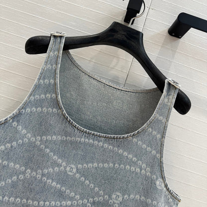 25ss Chain Print Vintage Washed Blue Denim Vest Dress
