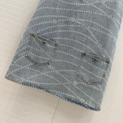 25ss Chain Print Vintage Washed Blue Denim Vest Dress