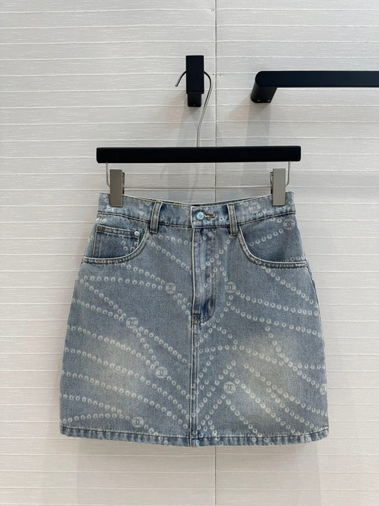 25ss Chain Print Vintage Washed Blue Denim Skirt