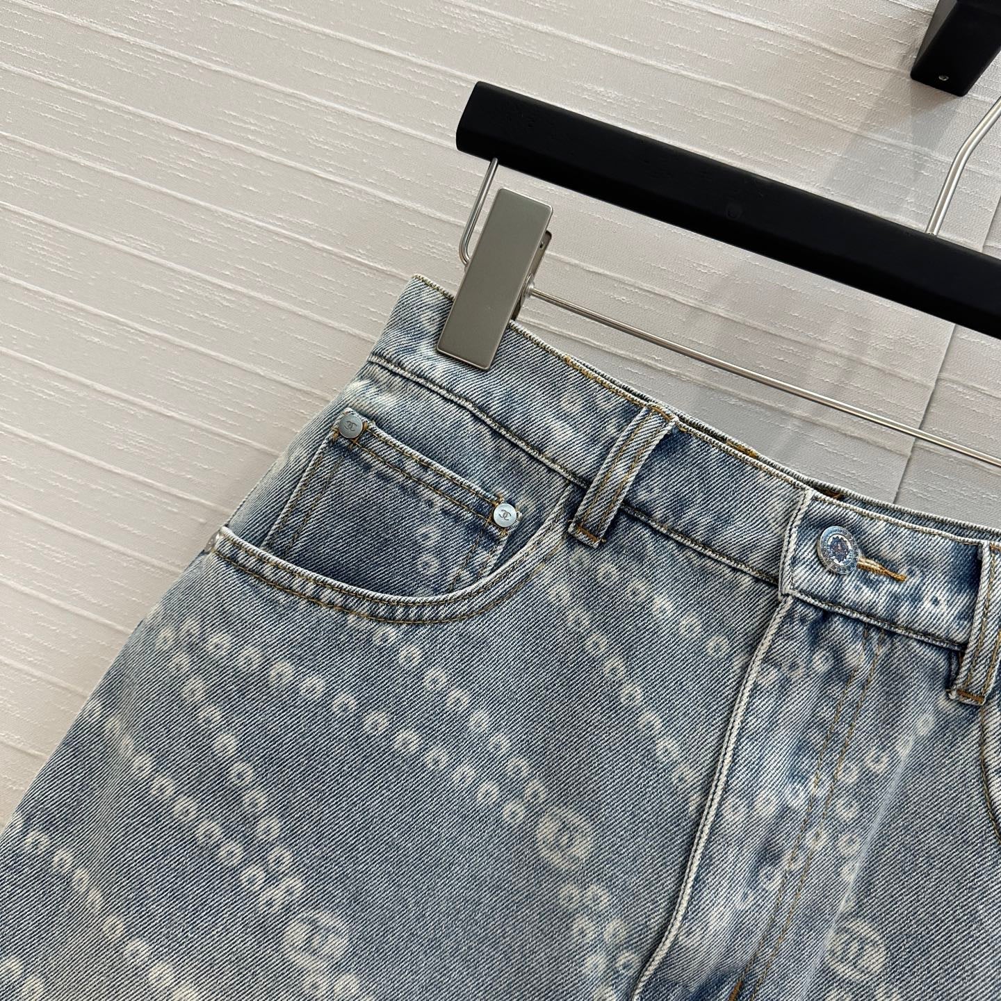 25ss Chain Print Vintage Washed Blue Denim Skirt