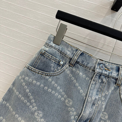 25ss Chain Print Vintage Washed Blue Denim Skirt