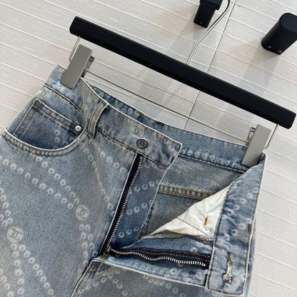 25ss Chain Print Vintage Washed Blue Denim Skirt
