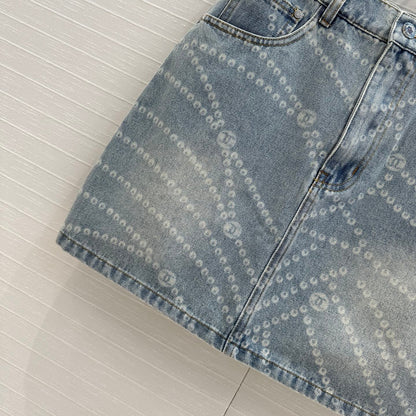 25ss Chain Print Vintage Washed Blue Denim Skirt
