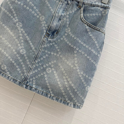 25ss Chain Print Vintage Washed Blue Denim Skirt