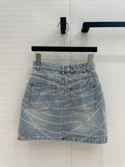 25ss Chain Print Vintage Washed Blue Denim Skirt