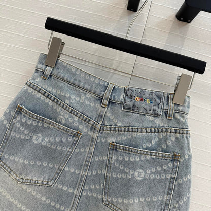 25ss Chain Print Vintage Washed Blue Denim Skirt