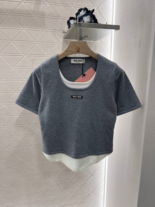 25ss Contrast color faux two piece top