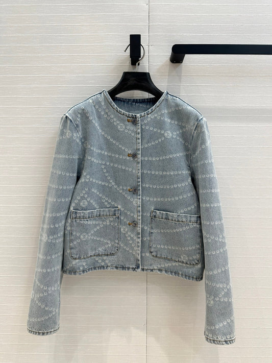 25ss Chain print vintage washed blue denim jacket
