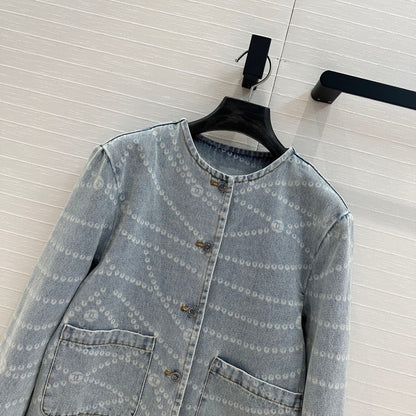 25ss Chain print vintage washed blue denim jacket
