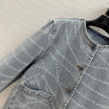 25ss Chain print vintage washed blue denim jacket