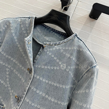 25ss Chain print vintage washed blue denim jacket