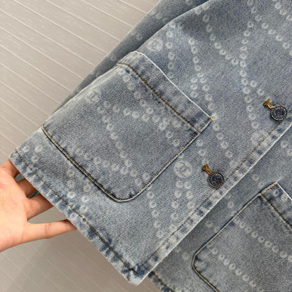 25ss Chain print vintage washed blue denim jacket