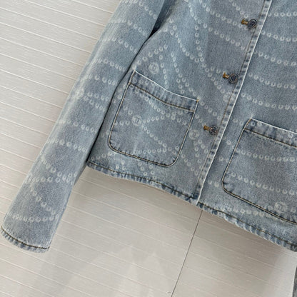 25ss Chain print vintage washed blue denim jacket