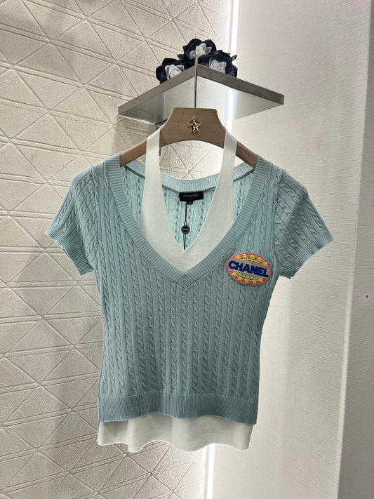 25ss Halter neck panelled knit top