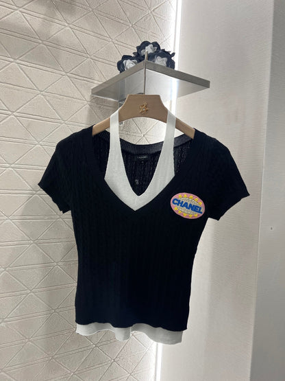 25ss Halter neck panelled knit top