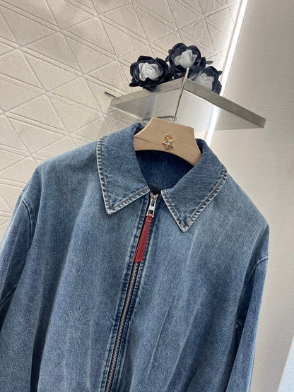 25ss zip-up leather patch denim jacket