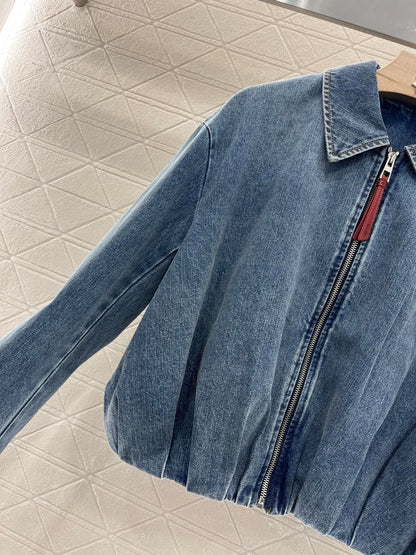25ss zip-up leather patch denim jacket