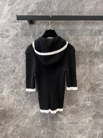 Hooded Crochet Elbow Sleeve Knit Top