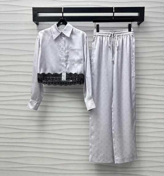 2025 New Lace Print Lapel ➕ Drawstring Straight Pants
