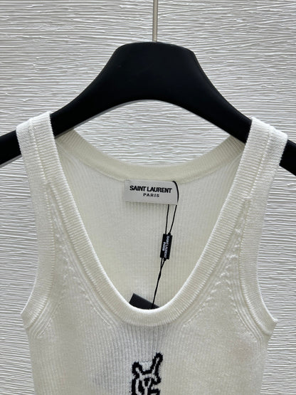 25ss Large round neck contrasting pattern knitted vest