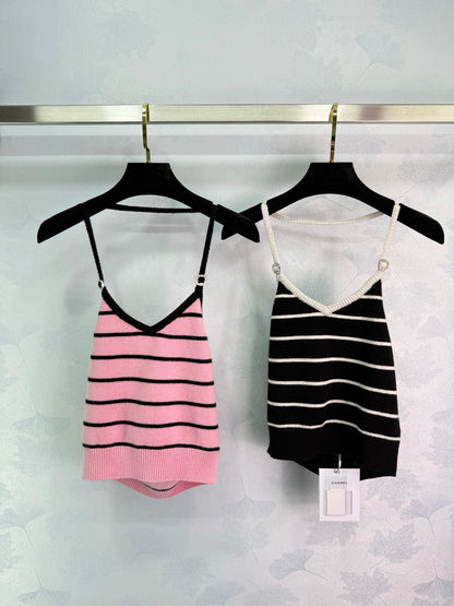 25ss Hanging neck striped knitted suspender
