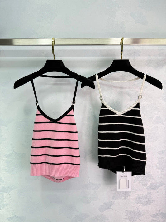25ss Hanging neck striped knitted suspender
