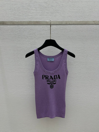 25ss Round neck color blocked letter knitted vest